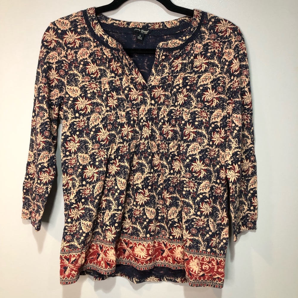 Lucky Brand Boho Floral Cotton Modal Split V-neck Pintuck Blouse Shirt